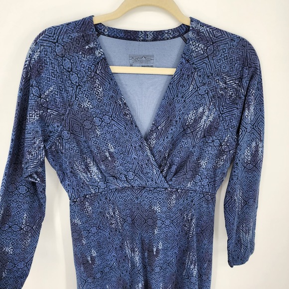 Patagonia Metairie Dress M Surplice V Neck Organic Cotton A Line Flare Navy Blue - Picture 6 of 13